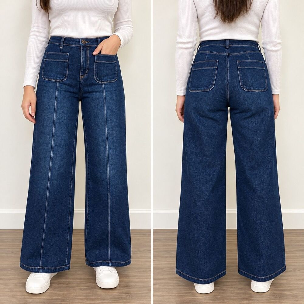 LC Lauren Conrad Wide Leg Jeans 10 Dark Wash High Rise Patch Pocket 32W x 28.5